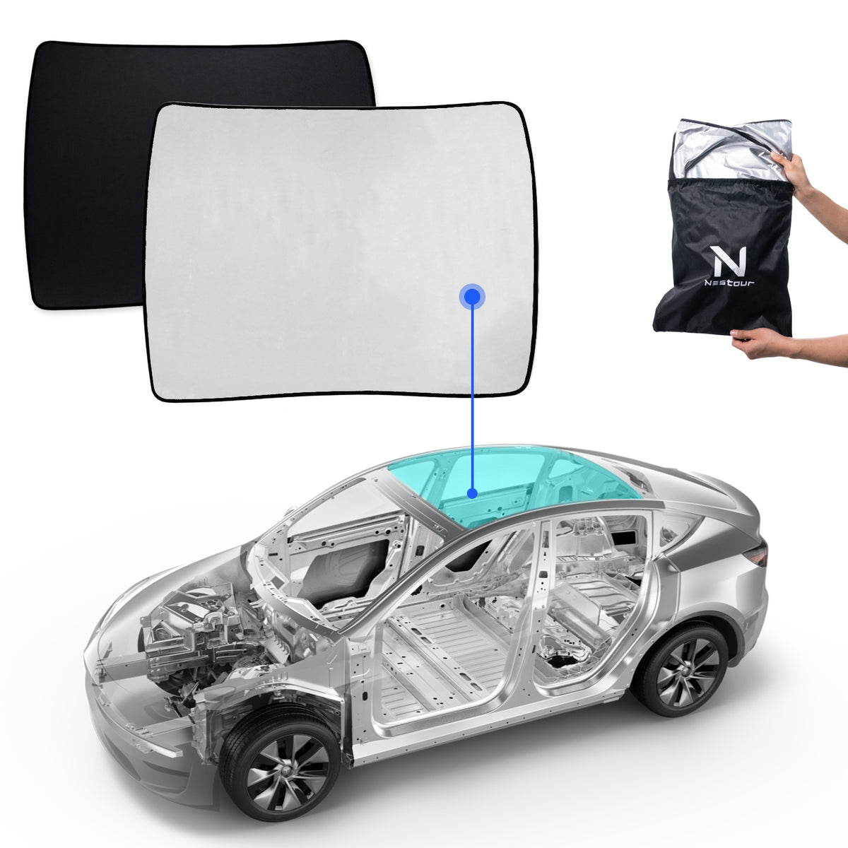 Nestour for Tesla Model Y Sunshade, Foldable Sunroof Window Shade Accessories Fit for Tesla Model Y 2020-2023, with UV/Heat Insulation Film