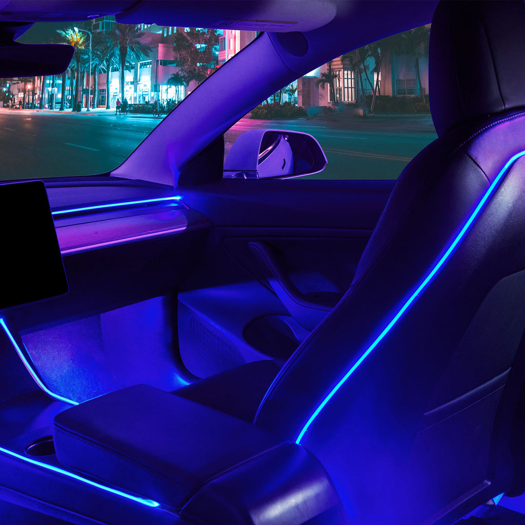 5Nestour 2016-2020 Tesla Model 3 Y Interior Car Neon Lights (Center Console+Dashboard+Seat Back+4 Foot Lights) with Matching Armrest Organizer
