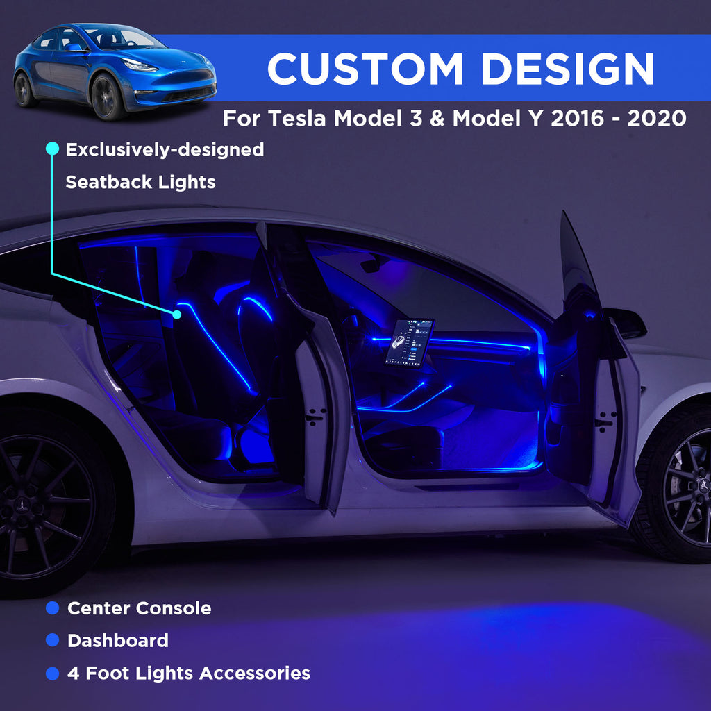 5Nestour 2016-2020 Tesla Model 3 Y Interior Car Neon Lights (Center Console+Dashboard+Seat Back+4 Foot Lights) with Matching Armrest Organizer