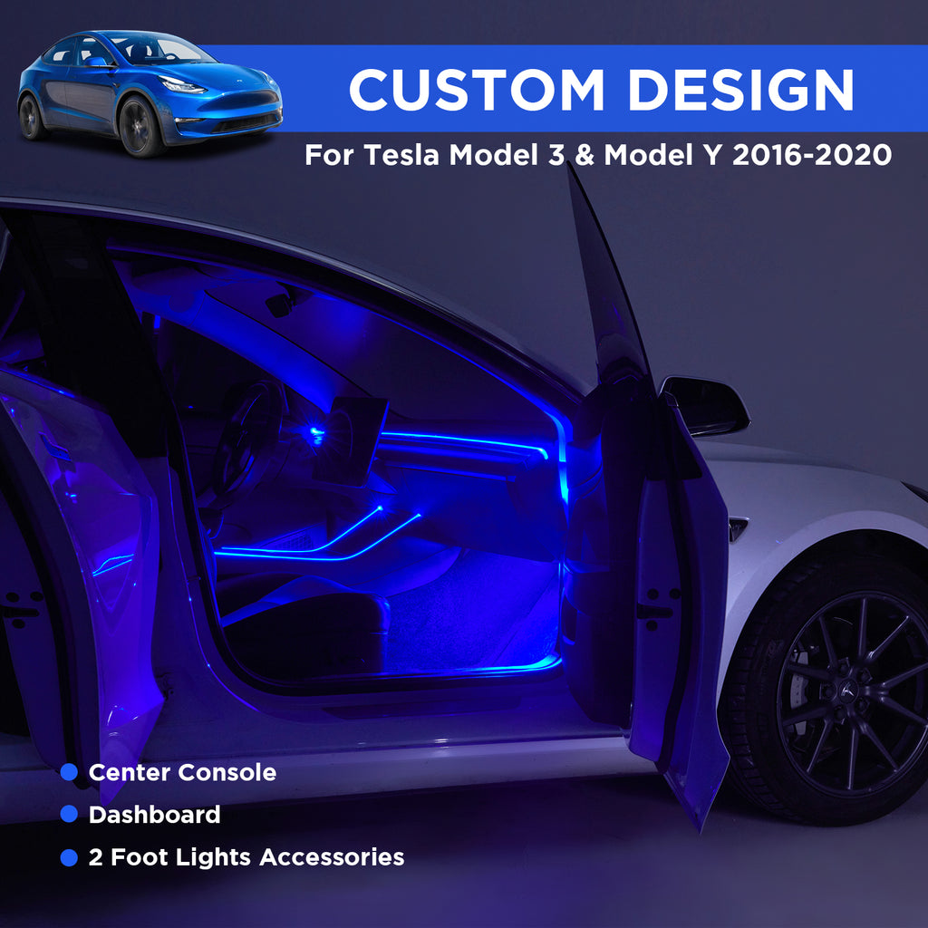 3Nestour 2016-2020 Tesla Model 3 Y Interior Car Neon Lights, (Center Console+Dashboard+2 Foot Lights) with Matching Armrest Organizer