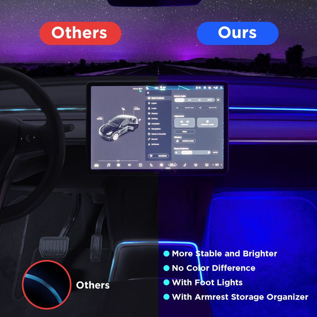 2Nestour 2021 2022 2023 Tesla Model 3 Y Interior Car Neon Lights (Center Console+Dashboard+2 Foot Lights) with Matching Armrest Organizer