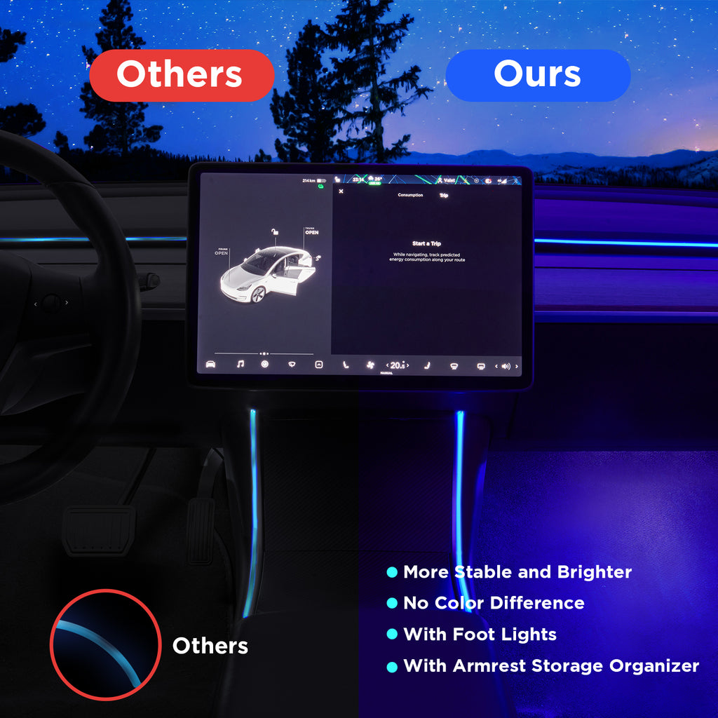 3Nestour 2016-2020 Tesla Model 3 Y Interior Car Neon Lights, (Center Console+Dashboard+2 Foot Lights) with Matching Armrest Organizer