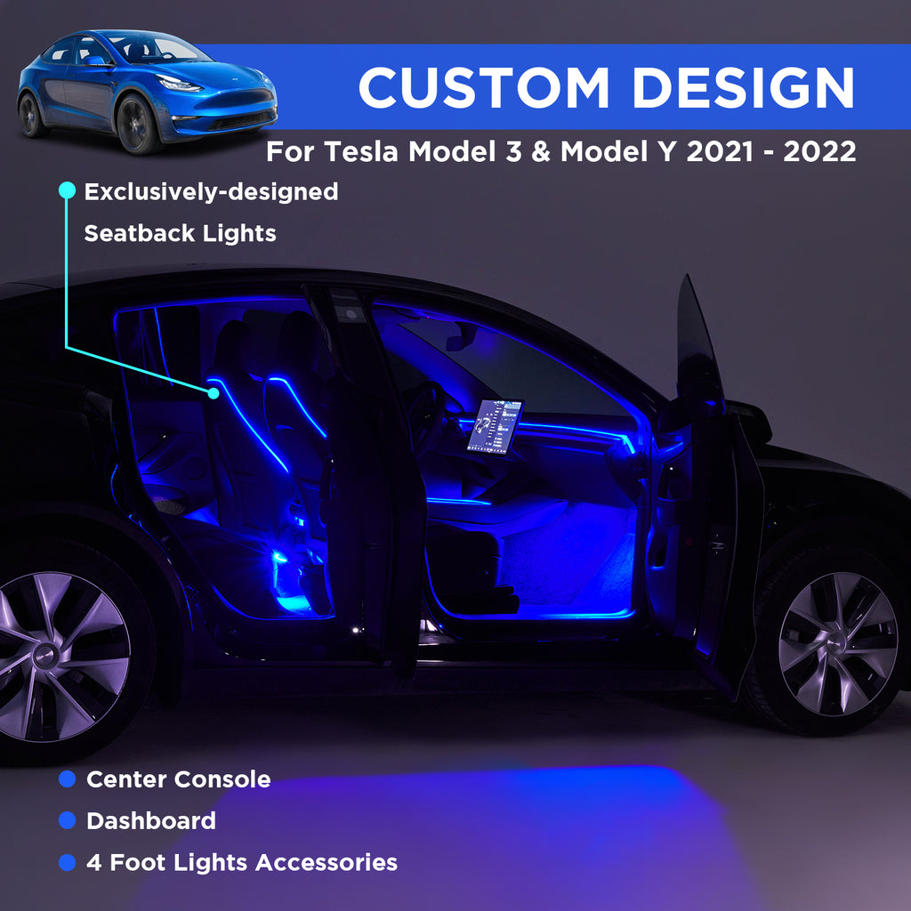4Nestour 2021 2022 2023 Tesla Model 3 Y Interior Car Neon Lights (Center Console+Dashboard+Seat Back+4 Foot Lights) with Matching Armrest Organizer