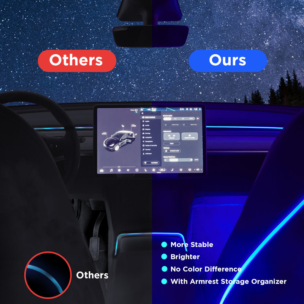 4Nestour 2021 2022 2023 Tesla Model 3 Y Interior Car Neon Lights (Center Console+Dashboard+Seat Back+4 Foot Lights) with Matching Armrest Organizer